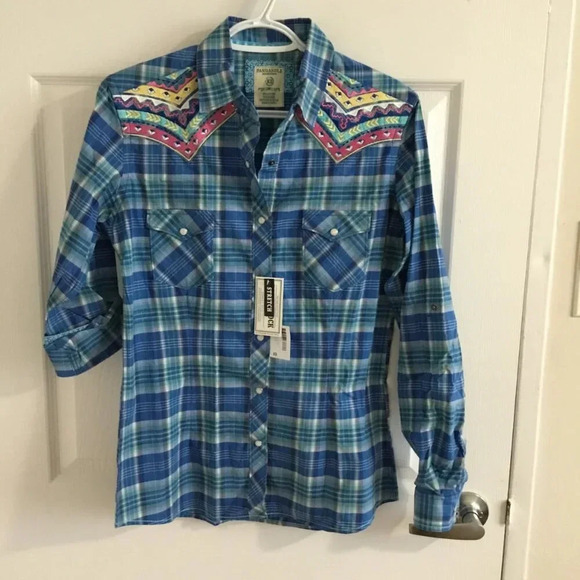 NWT Panhandle Slime Vintage Plaid Stretch 97% cotton Embroidered western Shirt - Picture 5 of 9